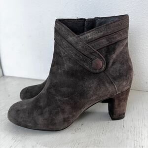 Clarks Brown Suede Ankle Boots Block Heel Button detail size 8